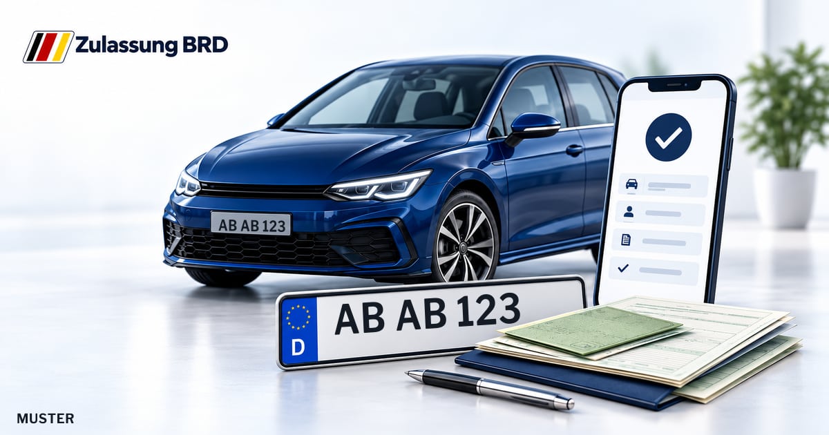 Online Fahrzeugzulassung in Mainaschaff: Musterkennzeichen AB AB 123, Auto und Fahrzeugpapiere und Smartphone. Illustration mit Logo von Zulassung BRD.